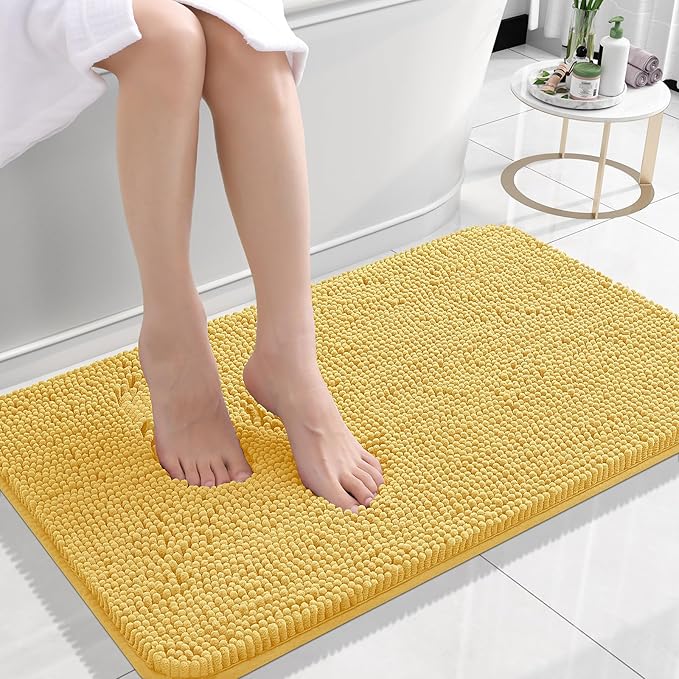 OLANLY Bathroom Rugs 24x16, Extra Soft Absorbent Chenille Bath Rugs, Rubber Backing Quick Dry, Machine Washable Bath Mats for Bathroom Floor, Tub and Shower, Home Decor Accessories, Yellow