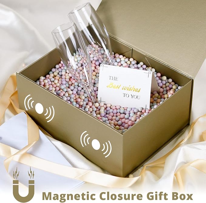 MOYEUPAC Glod Gift Box,9" X 7" X 4" with Lids for Presents Magnetic Closure Gift Packaging for Christmas,Thanksgiving, Birthday,Glod with Ribbon
