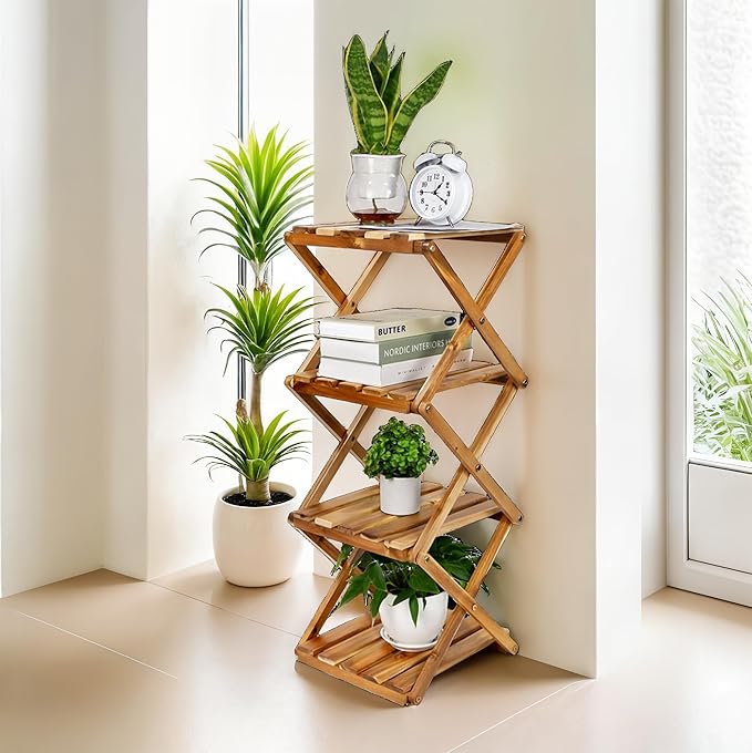 BEEFURNI Acacia Plant Stand Indoor Corner, Wooden Outdoor 4 Tier Corner Planter Stand, Foldable Shelf Display, Tall Plant Bench for Succulent, Easy Assembly, Window Decor, 1-year Manufacturer Warranty