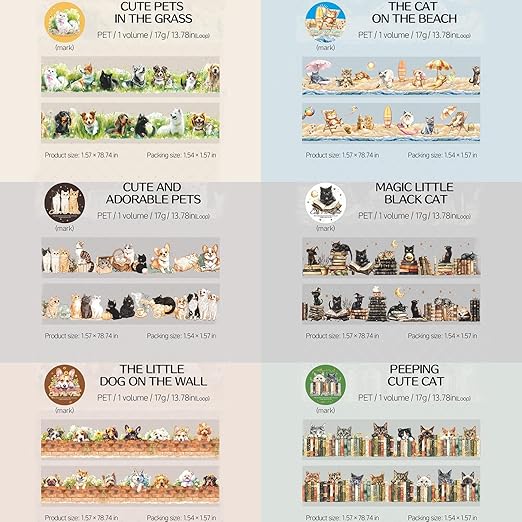 PET Tape Set for Junk Journal,6 Rolls Cute Cat Tape Stickers,Clear Pet Dog Stickers for Scrapbooking,Journaling,Planner,DIY Arts Crafts,Notebook,Phone Case,Cups(Pet Time)