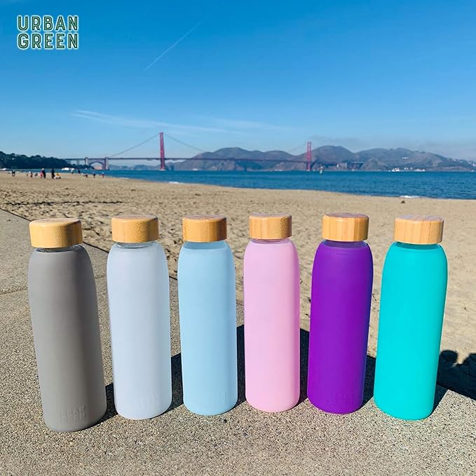 Glass Water Bottle with Protective Silicone Sleeve and Bamboo Lid by Urban green, 18oz, 1extra 304 Stainless Steel Lid with Handle, BPA Free, Dishwasher Safe, Gift Box, Father's day gift