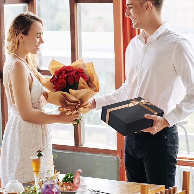 LIFELUM Black Gift Box 8 x 7 x 3 inch, Gift Box with lid Magnetic Closure Box Sturdy Box for Gift Includ Greeting Cards,Ribbon,Shredded Paper Filler for Presents (1 Pcs)