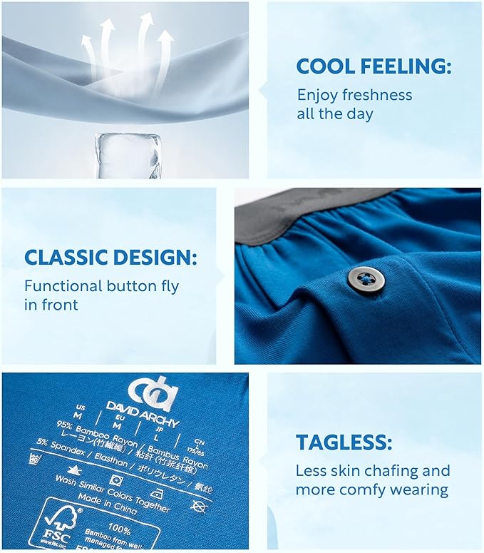 DAVID ARCHY Mens Underwear Bamboo Rayon Boxers for Men Breathable and Cool Men's Boxer Shorts with Button Fly 3 or 5 Pack