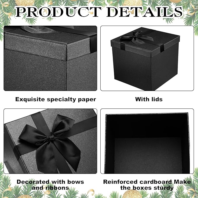 Tenceur 10 Pcs Gift Boxes with Lids Heavy Duty Nested Assorted Sizes Cardboard Gift Boxes for Presents with Ribbon for Xmas Holiday Present(Black,10 Size)