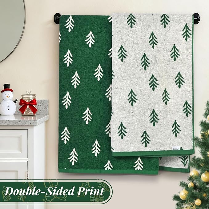 Jacquotha Christmas Bath Towels Set of 2, Cotton, Green Decorative Towels for Holiday Bathroom Decor & Everyday Use, Double-Sided Tree Pattern