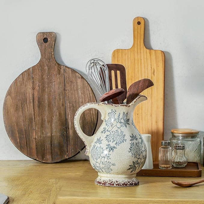 Enra Large Vintage Blue and White and Pitcher for Home Decor, 9.7 Inch Rustic Chinoiserie Decorative Vases, Green and Beige Ceramic Vases for Living Room, Kitchen, Office – Large Vases for Decor