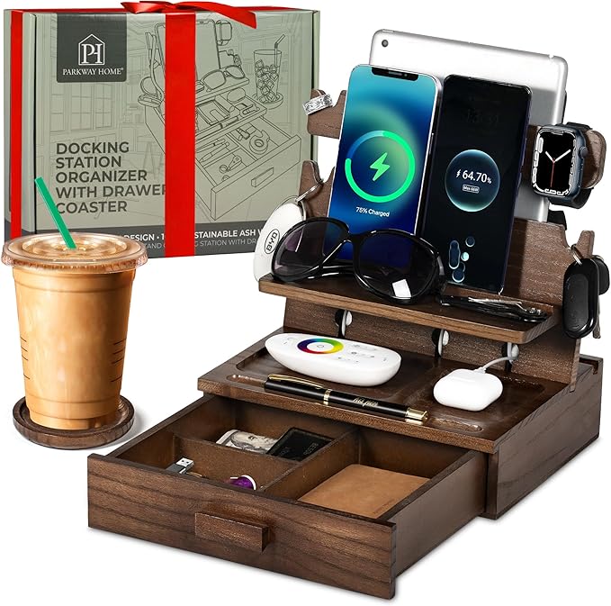 Wood Phone Docking Station for up to 3 Phones - Nightstand Organizer with Drawer for Valuables for Men & Women, Compatible with Apple Watch, Holds Phones, Tablets, Keys, Rings, Glasses, Watches & EDC