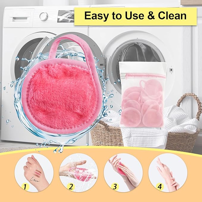Nugilla 18 Packs Reusable Makeup Remover Pads with a Washable Laundry Bag, Resuable Microfiber Round Towel Skin Face Towels, Soft Makeup Remover Cloth, Fast Drying Washcloth (Pink)