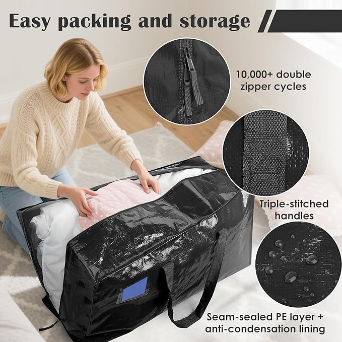 12 Pack Extra Large Heavy Duty Moving Bags with Reinforced Zipper & Wide Handles, Moisture-Resistant Storage Bins Packing Cubes for Clothes, College Dorm, Travel, and Home Organization, Black