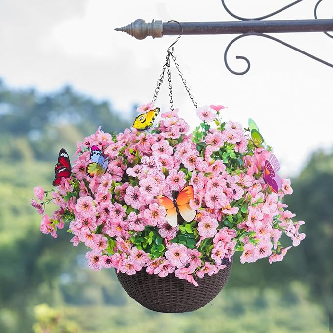 20 Bundles Artificial Flowers for Outdoors‌ with 6 Faux Butterflies, UV Resistant Fake Flowers‌ with Eucalyptus Leaves, Artificial Plants Outdoor‌ for Patio Garden Porch Home Decor (Pink)