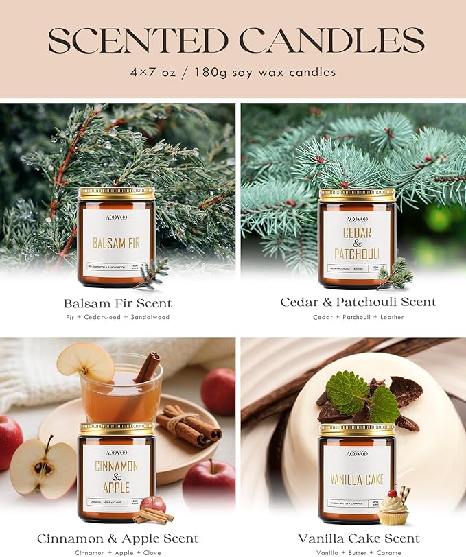 AOOVOO Candle Set - 4PC Scented Candles, 28 oz Soy Candles, Soy Candle for Home Scented, Balsam Fir/Cedar&Patchouli/Cinnamon&Apple/Vanilla Cake