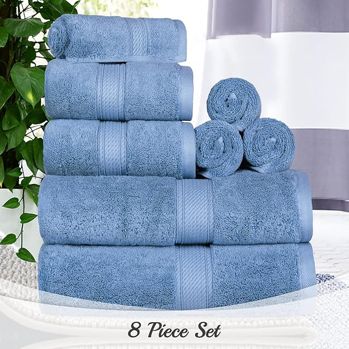 BLUENILEMILLS Madison Egyptian Cotton Towels, Towel Set for Bathroom, Shower, Hotel, Plush, 900 GSM, Highly Absorbent and Ultra-Soft Towels, Bath Essentials, 8 Piece Assorted Towel Set, Denim Blue