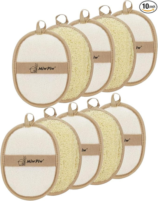 Natural Loofah Exfoliating Body Scrubber (Pack 10), Loofah Bath Sponge, Luffa for Women and Men, 100% Biodegradable Compostable, Dye Free, Zero Waste Eco Friendly Sustainable (4" x 5.5" Each)