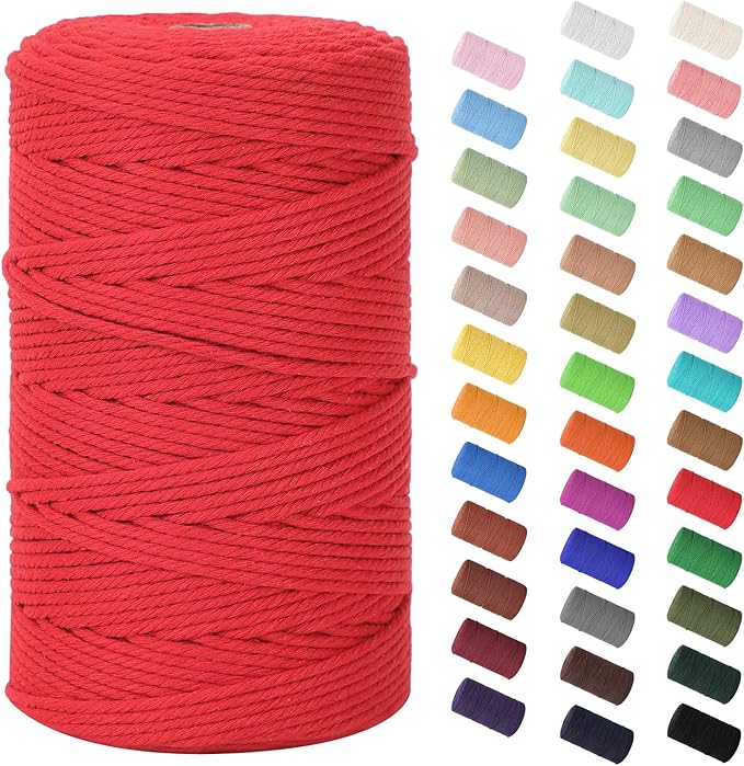 HOMEBOBO Macrame Cord 3mm x 220Yards (656Feet), Natural Cotton Macrame Rope - 4 Strands Twisted Macrame Cotton Cord for Wall Hanging, Plant Hangers, Crafts, Gift Wrapping and Wedding Decorations, Red