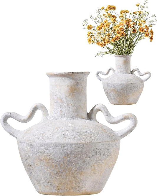 UPWOIGH Ceramic Flower Vase, 9.3 inch Tall Off-White Farmhouse Rustic Vase, Handcrafted Weathered Handles Pottery Vases, Large Flower Terracotta Vases for Home Decor, Living Room, Table, Shelf