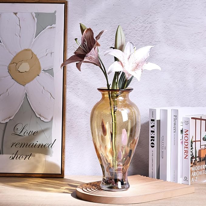 Hand Blown Glass Vase 11.8" Tall Beautiful Amber Gold Sea Wide Mouth Bud Vase for Table Centerpiece, Painted Colorful Murano Glass Flower Vases for - Home Entrance Wedding Center