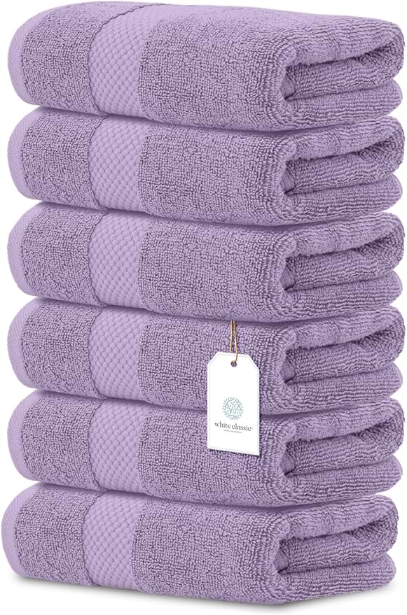 White Classic Luxury Lavender Hand Towels - Soft 100% Turkish Cotton | Highly Absorbent Hotel spa Bathroom Towel Collection | 16x30 Inch | Set of 6