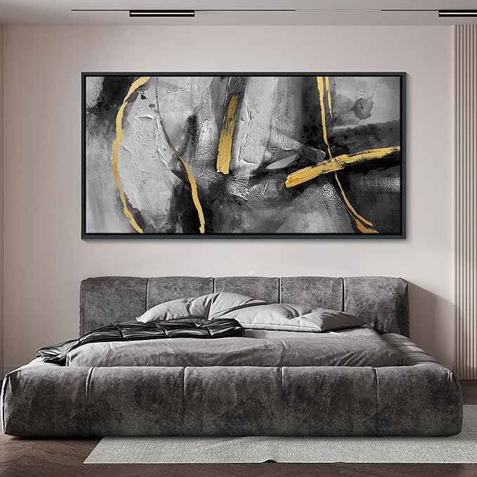 Large Framed Wall Art Decor - Abstract Black and Gray Wall Pictures Living Room Hand-Painted Dream Painting Golden Canvas Prints as Bedroom Kitchen Dining Room Cafe Home Decor 24X48 In