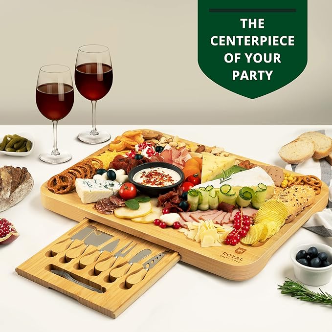 ROYAL CRAFT WOOD Extra Large Cheese Board - Bamboo Cheese Board and Knife Set - Charcuterie Board Set, Charcuterie Platter & Serving Tray