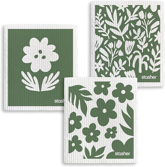 Stasher Reusable Swedish Dishcloths 3-Pack, Floral Print, 7” W x 8” L, Washable, Absorbent, 100% Biodegradable, Odor & Stain Resistant, Eco-Friendly Paper Towel Alternative for Kitchen