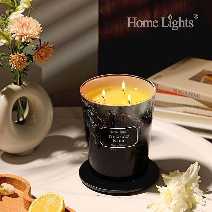 HomeLights Scented Candles for Women & Men, 34oz Candle Jars Aromatherapy 3-Wick Candle, Ideal for Industrial Chic Home Decor and Gifts, Tobacco Noir