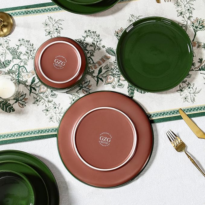 GZG Modern Art Series - 24 Pcs Speckled Stoneware Plates and Bowls Sets, Ceramic Dinnerware Set with Rustic Terracotta Underside, Microwave and Dishwasher Safe Handcrafted Dishes Set - Verdant Green