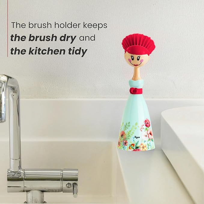 Vigar Dolls Dish Brush with Ergonomic Handle and Dres-shaped Storage Holder - Scrub Brush for Pans, Pots, Kitchen Sink Cleaning, Blue/Pink