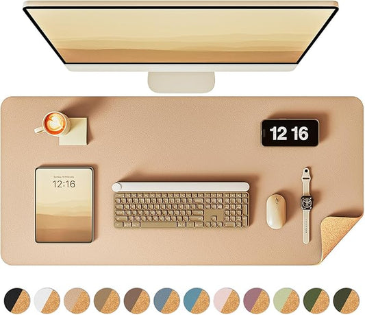 YSAGi Double-Sided Desk Pad, 35.4"x17"Leather Desk Mat, Eco Cork Desk Pad Protector,Large Mouse Pad,Waterproof Desk Blotter for Office/Home(Apricot)