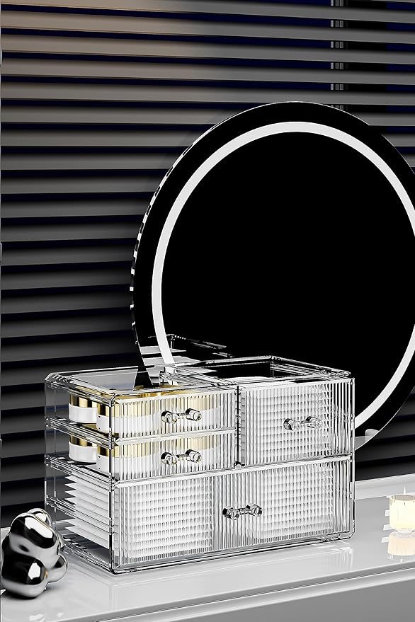 ZHIAI Stackable Storage Drawers, Acrylic Bathroom Counter Organizer Clear Makeup Organizers for Vanity, Kitchen Cabinets, Bathroom, Undersink, Home Organization and Storage (4 Drawers, Pattern B)