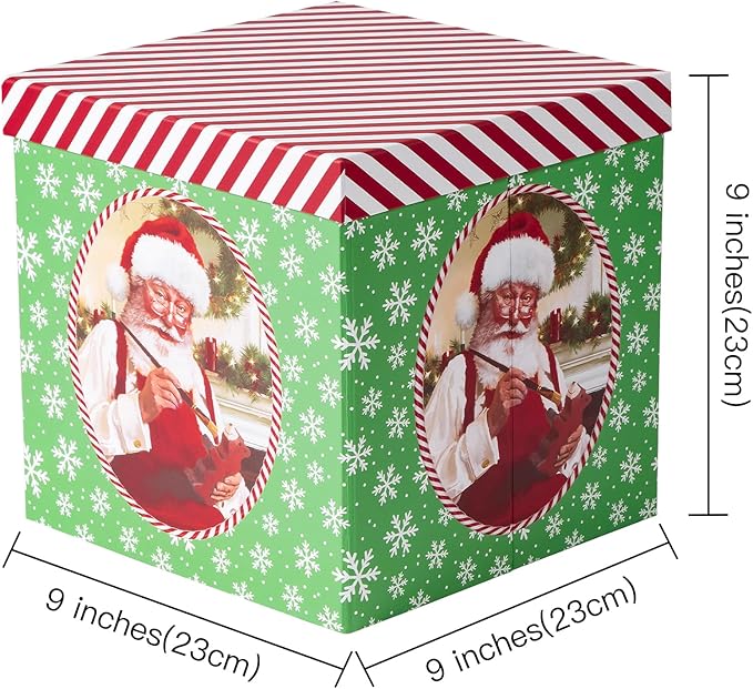 RUSPEPA Christmas Gift Box with Lid, Vintage Classic Santa Claus Painting Design, Medium Collapsible Holiday Present Box with Ribbon, Tissue Paper for Gift Wrap, Candy Storage, 9x9x9 Inches, 1 Pcs