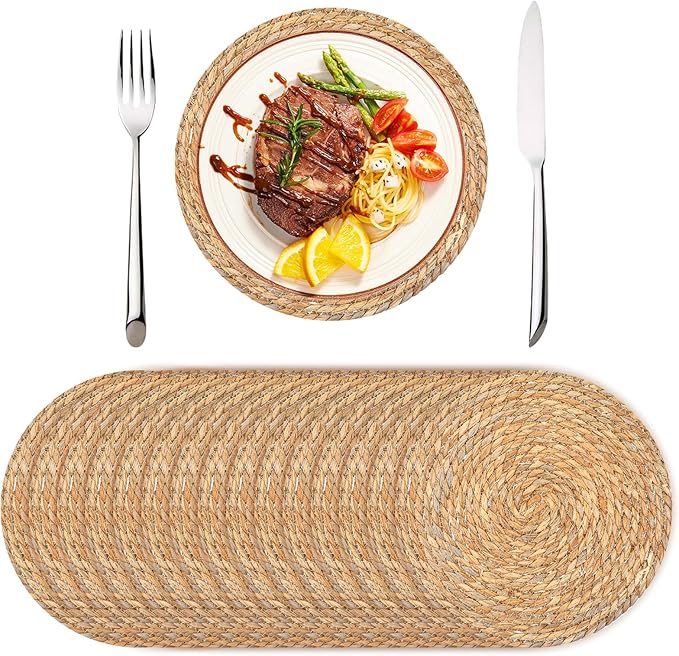 Set of 16 Round Woven Rattan Placemats, 12" Boho Farmhouse Table Mats Natural Cattail Charger Plates for Dining Table Decor Heat-Resistant Braided Place Mats