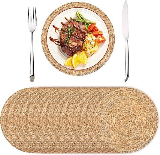 Set of 16 Round Woven Rattan Placemats, 12" Boho Farmhouse Table Mats Natural Cattail Charger Plates for Dining Table Decor Heat-Resistant Braided Place Mats
