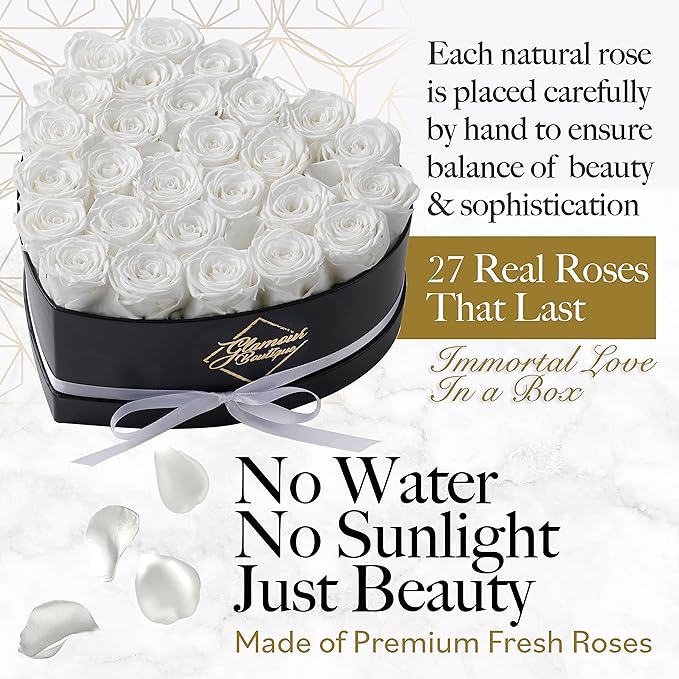 GLAMOUR BOUTIQUE 27 Flower Forever Heart Shape Box - Preserved Roses Gift for Her, Preserved Flowers, White