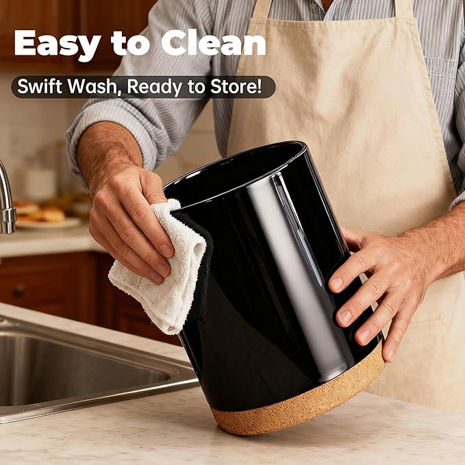 Ceramic Kitchen Utensil Holder for Countertop, Modern Crock with Non-Slip Cork Base, Counter Organizer for Cooking Tools 、Black