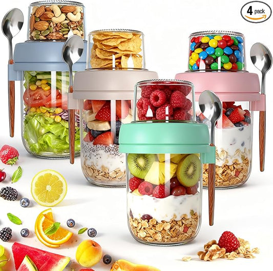 4 Pack Overnight Oats Containers with Lids, 20 oz (16+4) Dual-Layer Mason Jars Yogurt Parfait Cups with Lids, Leak-proof Meal Prep Containers Dry and Wet Separation for Overnight Oats, Salad, Yogurt