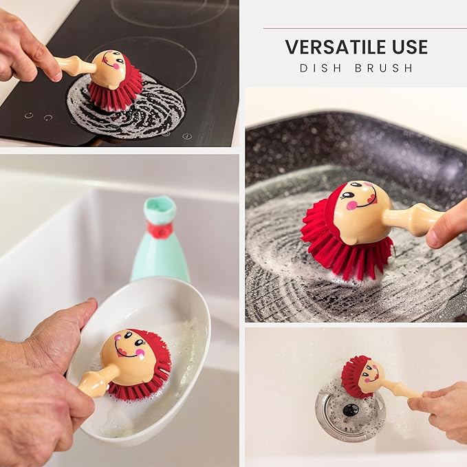 Vigar Dolls Dish Brush with Ergonomic Handle and Dres-shaped Storage Holder - Scrub Brush for Pans, Pots, Kitchen Sink Cleaning, Blue/Pink