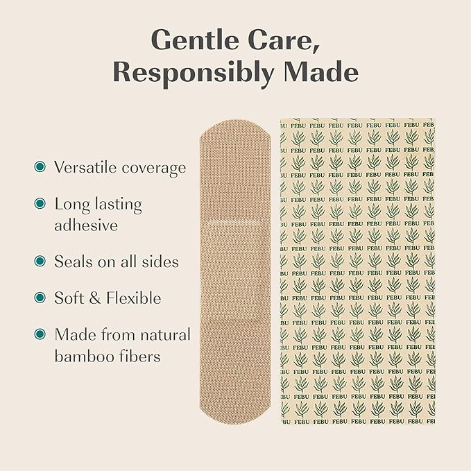 FEBU Eco-Friendly Bamboo Fabric Bandages | PFAS Free Flexible Fabric Bandages | Natural Hypoallergenic Bandage for Scrapes, Cuts & First Aid | Fully Compostable, Latex Free Bandage | 75 Count Strip