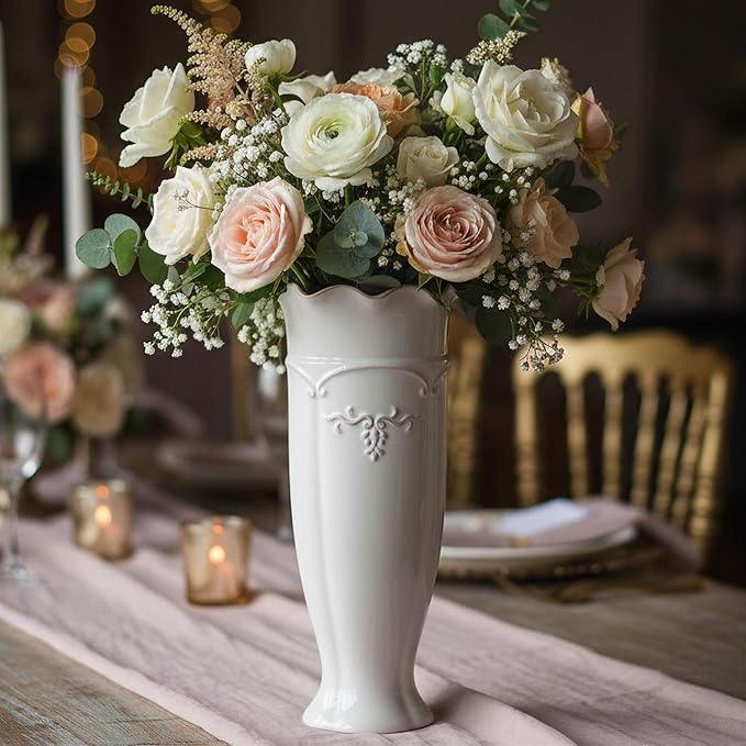 hjn White Ceramic Vase- French Flower Vase for Decor Tall Vintage Vases for Flowers/Home Decoration/Kitchen/Table/Living Room/Shelf/Mantel/Office-Height-11.6"