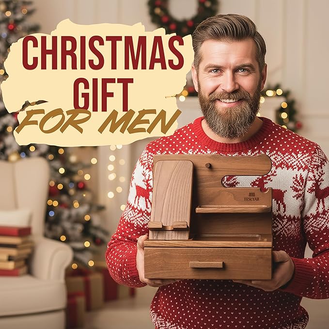 TESLYAR Wood Phone Docking Station with Drawer - Nightstand Organizer - Desk Organizer for Husband - Birthday Gifts for Men, Dad, Anniversary Idea, Key Holder Stand Watch & Accessories (Desert Beige)