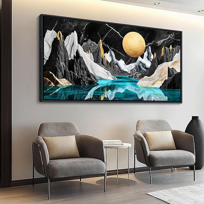 JEAWA Framed Canvas Wall Art - Large Abstract Painting Decor, Black White Textured Mountain Moon River Pictures, Modern Art Prints for Bedroom Living Room Bathroom Home Decoration, 29x58 IN