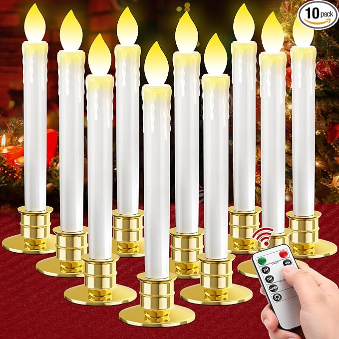 10 Pack Christmas Window Candles with Remote: Battery Operated LED Candles with Drip Texture with Timer - Flickering Flameless Candles with Candlesticks for Home Decor Christmas Halloween Wedding