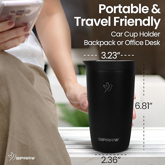 Travel Coffee Mug Tumbler, Reusable Iced Coffee Hot Coffee Cup, Double Wall Insulated Thermal Stainless Steel Material, Gift for Women Men, Perfect for Camping Travelling, 12 oz, Black