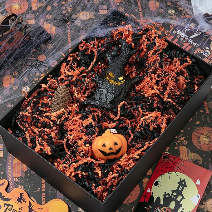 Mefleet 2 LB Halloween Crinkle Cut Paper Shred Filler Black & Orange Crinkle Shredded Paper for Gift Basket - Gift Box Bag Filler - Grass Cushion Stuffing for Halloween Packaging Wrapping