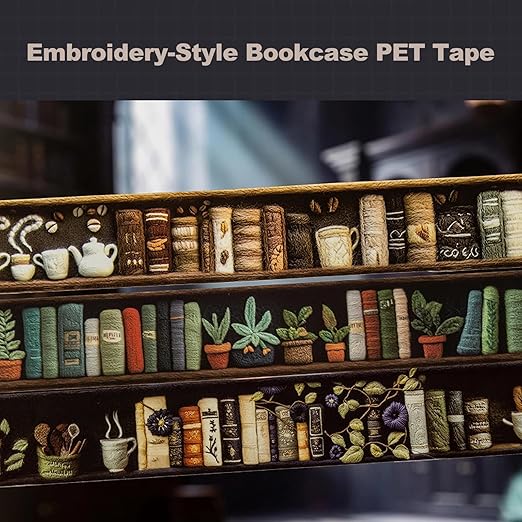 Magician’s Bookcase PET Tapes – 6 Rolls of Fantasy Embroidery-Style Bookcase Designs with Clip, for Scrapbook, Journal, Junk Journal, Planner and DIY Decor