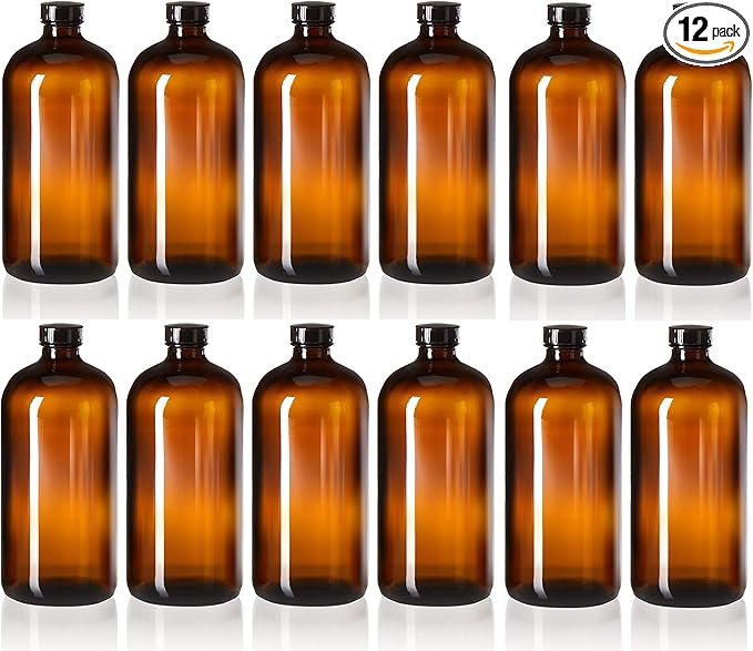 kitchentoolz 32oz Amber Glass Boston Round Bottles with Poly Cone Caps – 12 Pack Leak-Proof Bottles for Brewing, Storage, and DIY Projects