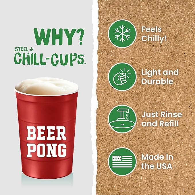 16 oz. Party Cup 'Beer Pong' Drinking Game Design for Cold Drinks, Sturdy, Durable, Disposable, Recyclable, Made in USA, Red 12 Count