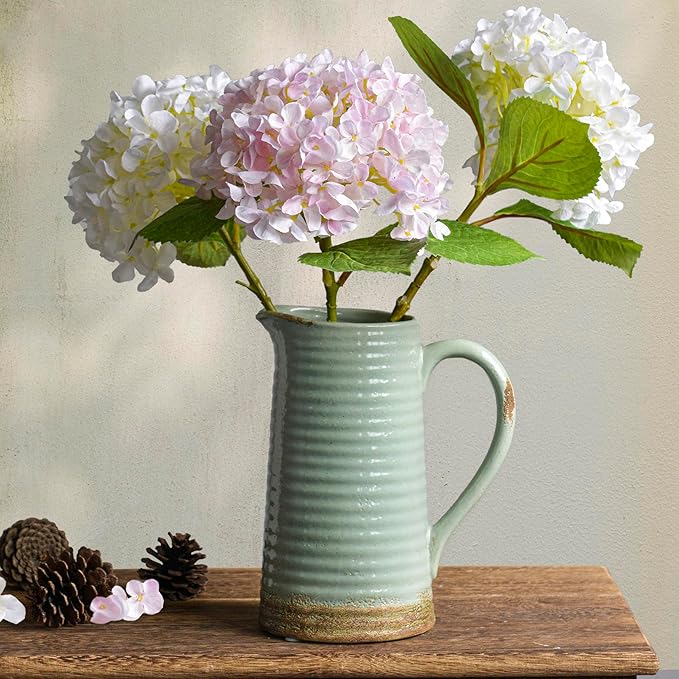 Quoowiit Ceramic Rustic Vase with Handle, Green Distressed Decorative Farmhouse Pitcher Vase for Home Decor Living Room Bedroom Kitchen Office Shelf Decor Centerpiece Table Decoration