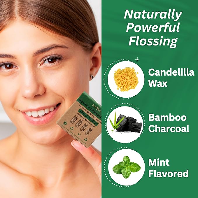 Bamboo Charcoal Dental Floss | Mint & Candelilla Wax | Vegan & Biodegradable (4 Refills Pack) | Pfas Free