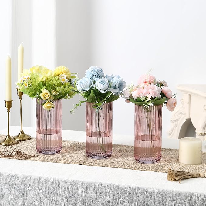 Pink Glass Vases, Flower Vases Set of 3, Ribbed Glass Vase for Tulips, Tall Cylinder Glass Vases for Living Room, Bedroom, Dining Table, Office, Wedding, Bookshelf Decoration, 8 Inches
