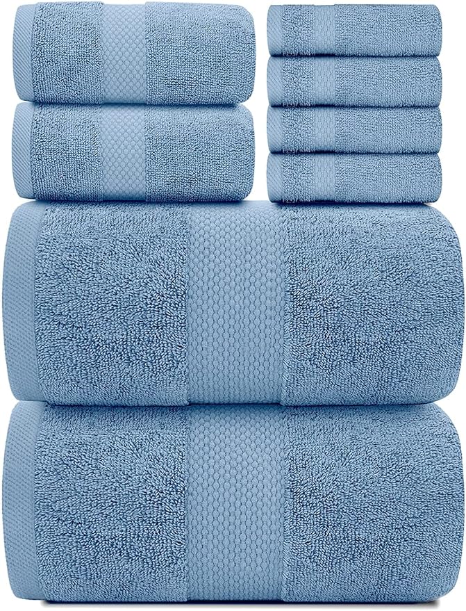 White Classic Luxury Bath Towel Set of 8 Pieces - 100% Turkish Cotton Highly Absorbent Towels for Bathroom, 2 Luxury Bath Towels 700GSM, 2 Hand Towels, 4 Washcloths, Light Blue